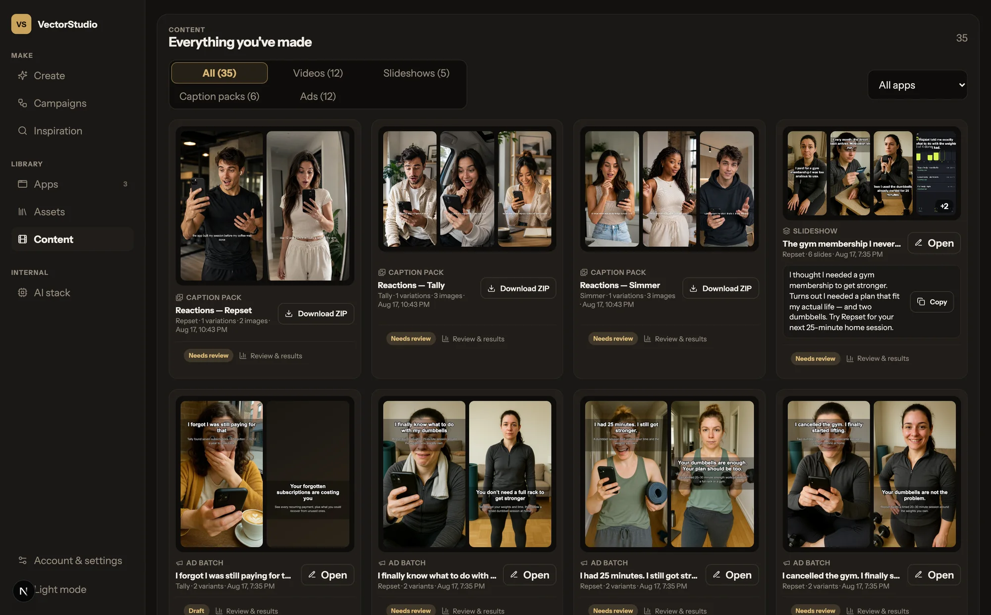 The VectorStudio Content library showing finished caption packs and videos for one app, each with its caption, review state, and export controls.
