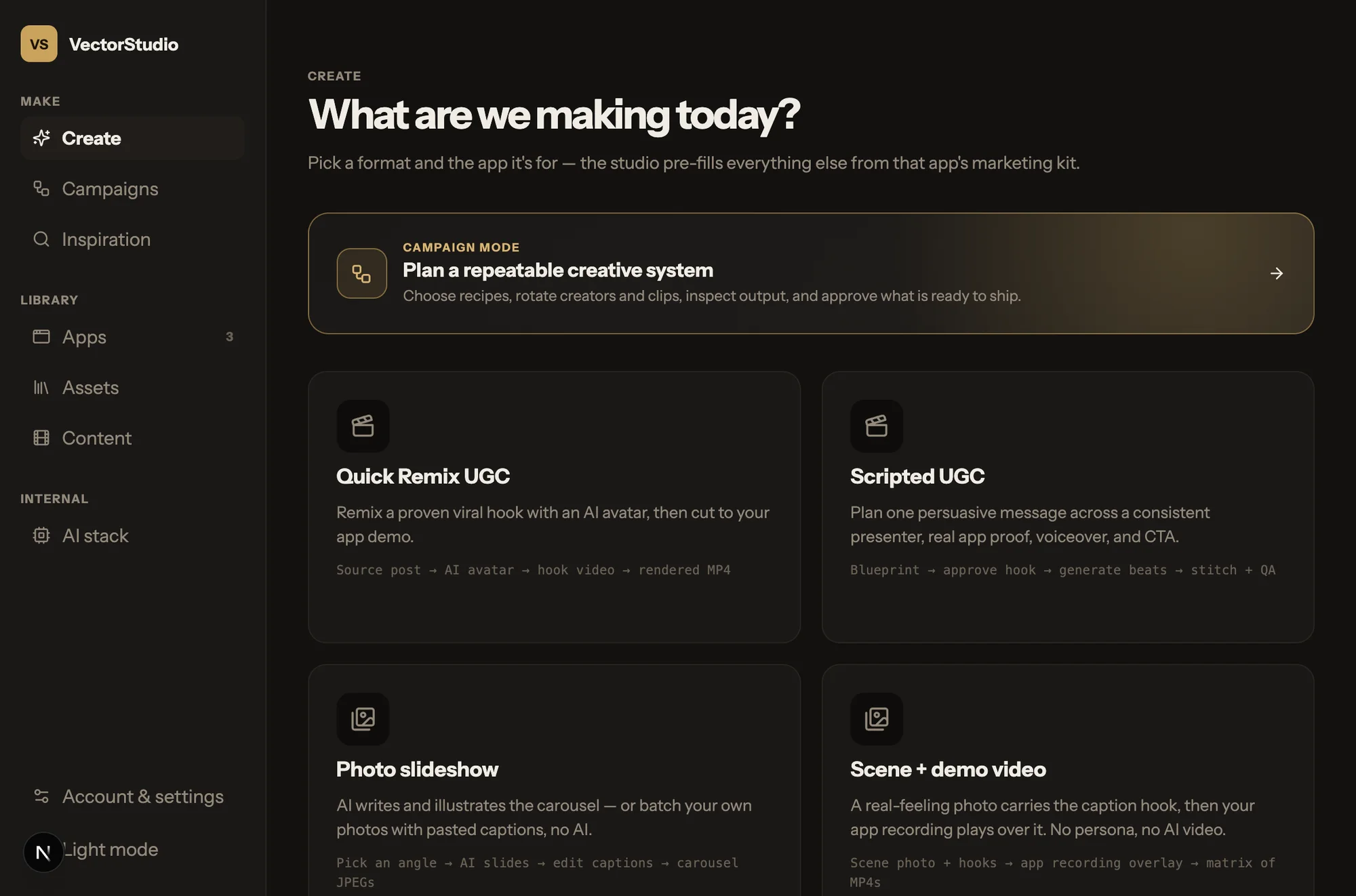 The VectorStudio Create screen, listing the Quick Remix UGC, Scripted UGC, photo slideshow, scene and demo video, and static ad formats.